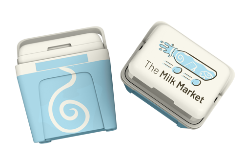 This is a mockup image of the coolers The Milk Market would
			utilize to keep the cold food the company delivers 
			fresh. The left mockup showcases a closed, sky blue and off-white container 
			with an off-white swirl at the front of it. The right mockup, on the other 
			hand, shows the top of the ice chest mockup's lid. This lid has The 
			Milk Market's logo on top of it.
